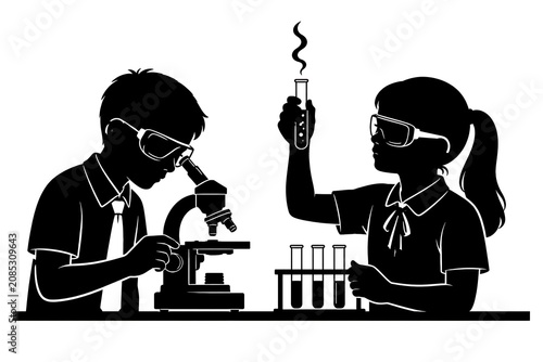 Young Scientists Experimenting: A boy and girl in silhouette, wearing safety goggles, engage in a science experiment, one looking through a microscope while the other holds a smoking test tube.