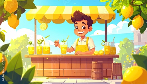 Cheerful Vendor at a Vibrant Lemonade Stand