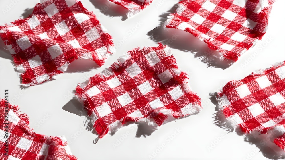 Fototapeta premium Arrangement of red and white checkered fabric pieces with frayed edges scattered creatively across a bright surface creating a sense of rustic charm for culinary or decorative concepts