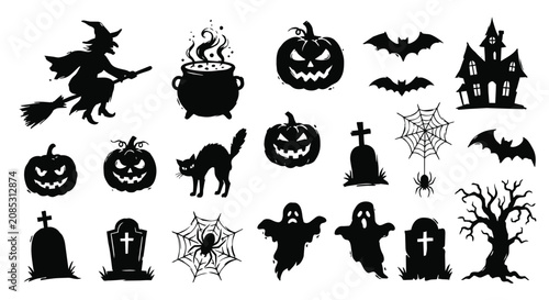 Halloween silhouette set with witch, pumpkins, ghosts, and spooky