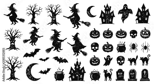 Halloween hand-drawn silhouette set with witches, pumpkins, and haunted houses