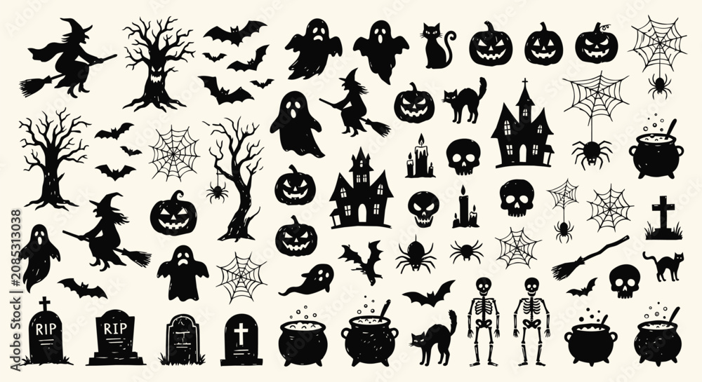 Fototapeta premium Halloween silhouette set with witches, ghosts, pumpkins, and spooky