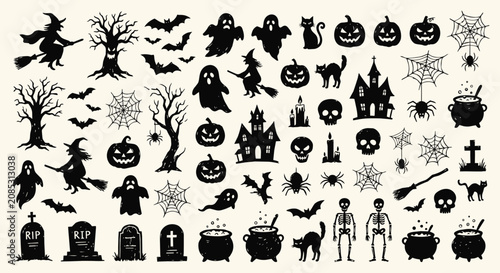 Halloween silhouette set with witches, ghosts, pumpkins, and spooky