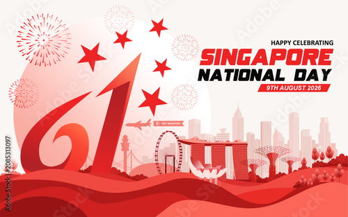 Fotografie Modern 61st Singapore National Day 2026 Vector Illustration Banner with Iconic Skyline and Dynamic 61st Symbol