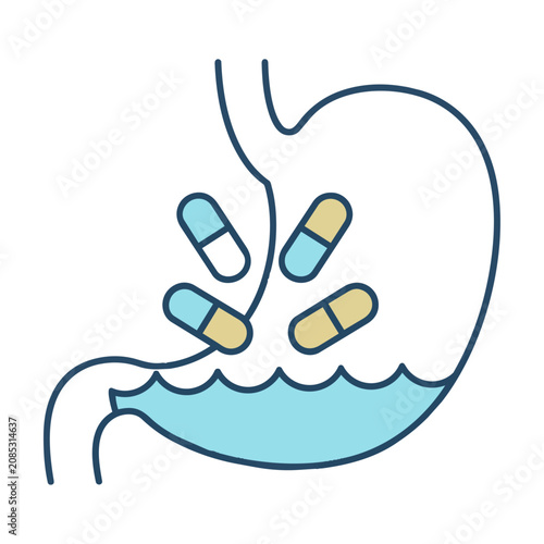 Stomach silhouette with floating medicine capsules inside designed with clean monoline geometry on a white background for a healthcare and medical concept