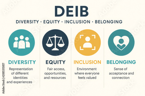 DEIB - Diversity, Equity, Inclusion, Belonging - DEI Infographic with Illustrations - Office Culture - HR Theory and Strategy - Human Centric Workplace Culture - Psychological safety