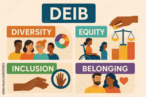 DEIB - Diversity, Equity, Inclusion, Belonging - DEI Infographic with Illustrations - Office Culture - HR Theory and Strategy - Human Centric Workplace Culture - Psychological safety