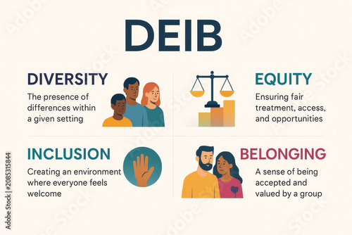 DEIB - Diversity, Equity, Inclusion, Belonging - DEI Infographic with Illustrations - Office Culture - HR Theory and Strategy - Human Centric Workplace Culture - Psychological safety
