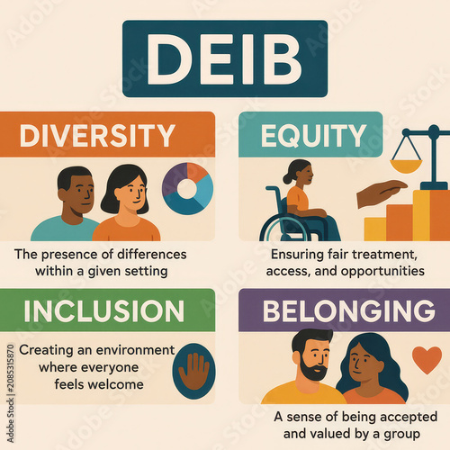 DEIB - Diversity, Equity, Inclusion, Belonging - DEI Infographic with Illustrations - Office Culture - HR Theory and Strategy - Human Centric Workplace Culture - Psychological safety