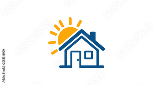 A simple graphic icon showing a house silhouette with a bright sun behind it
