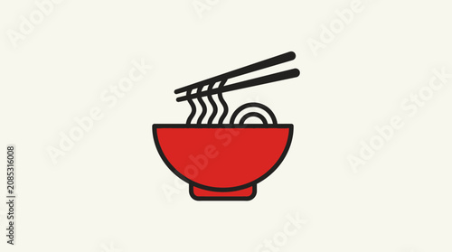 A simple flat vector illustration of a red bowl filled with hot noodle soup