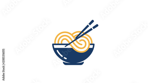 A simple flat vector icon of a bowl of noodles with wooden chopsticks