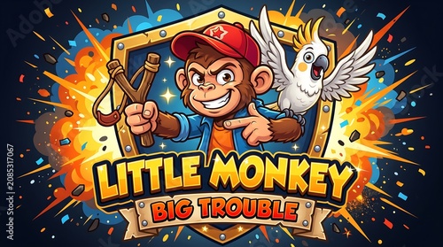 Little monkey big trouble game logo with a mischievous monkey, a parrot, and a slingshot on an exploding shield.
