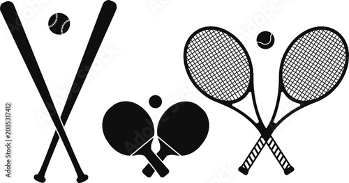 Cuadro en lienzo Crossed sports equipment silhouettes vector illustration set, baseball tennis pi