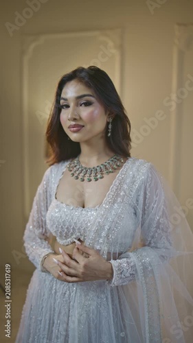Young South Asian woman with wavy dark brown hair and soft glam bridal makeup, wearing a pale silver-grey heavily sequined and embroidered crop top with matching flared luxury Designer lehenga 