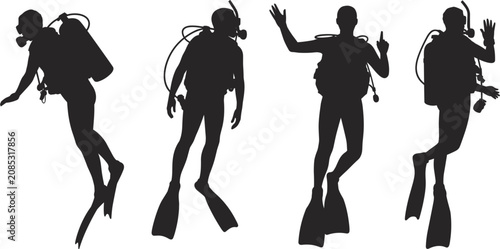 Photos Scuba diver silhouette vector collection set, four underwater divers swimming to