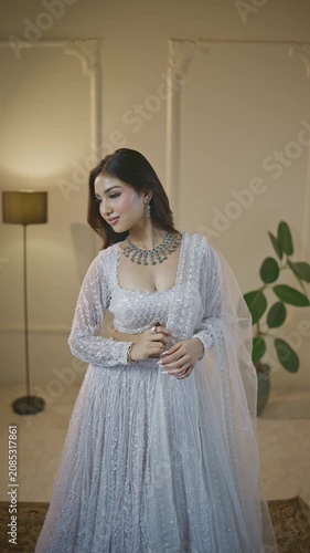 Young South Asian Fashion  Model Touching Wind Blown Hair, Candid Wedding Fashion Moment	
