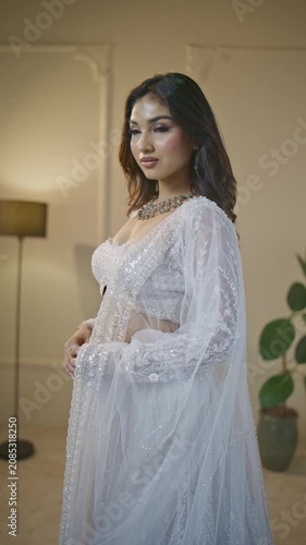 Young South Asian Fashion Bridal Model Looking Sideways in Emerald Necklace, Waist Up Fashion Portrait wearing a luxury designer lehenga	