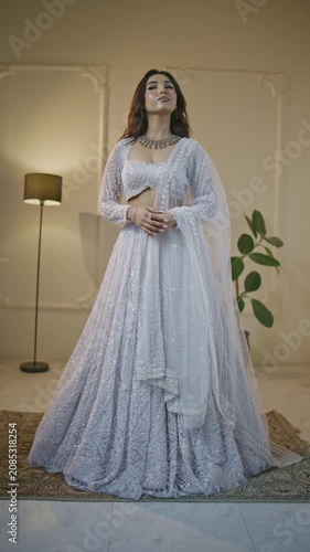 Young South Asian Fashion  Model in Sequined Lehenga Standing Center Frame, Bridal Portrait	