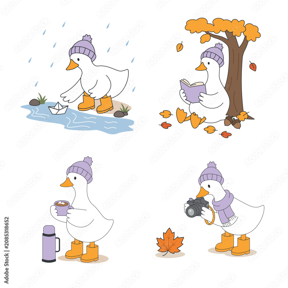 Fototapeta premium Adorable collection of four autumn-themed goose illustrations featuring a white goose wearing a purple beanie, scarf, and yellow boots.