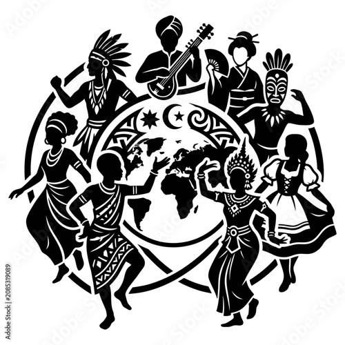 cultural diversity and global unity with people in traditional dance surrounding a world globe symbolizing international celebration.