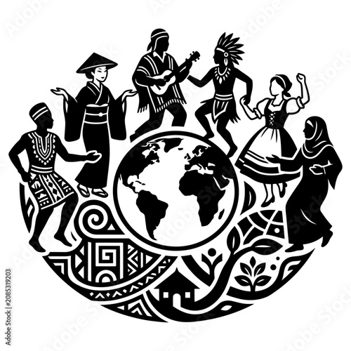 diverse people celebrating global unity and cultural diversity by dancing around an earth globe symbolizing international harmony.