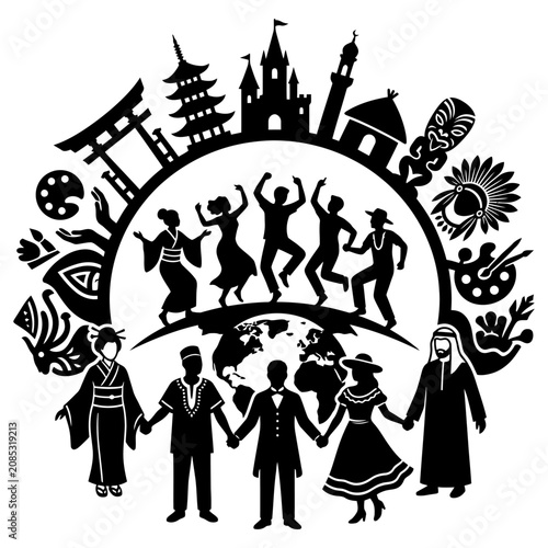 global diversity and cultural unity in a world community with people dancing and holding hands to symbolize international celebration and cooperation