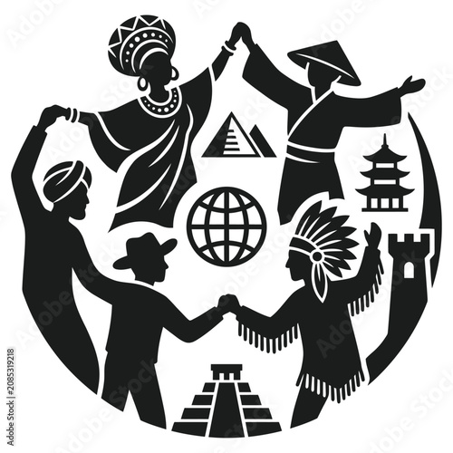 global diversity and cultural unity of people holding hands an international community around world landmarks representing peace and cooperation.