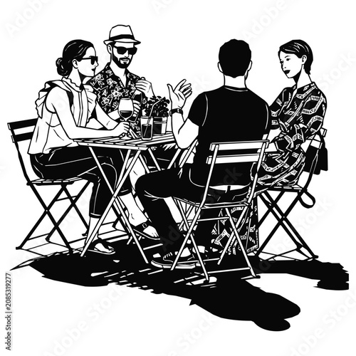 Group of friends socializing and drinking wine at an outdoor cafe table, capturing a lifestyle moment in a black and white graphic.
