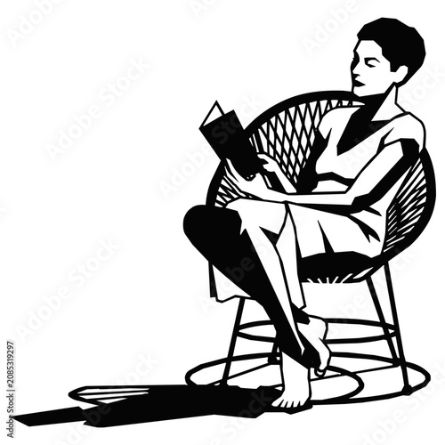 Minimalist black and white vector illustration of a woman reading a book while sitting in a modern round chair for relaxation and lifestyle concepts.