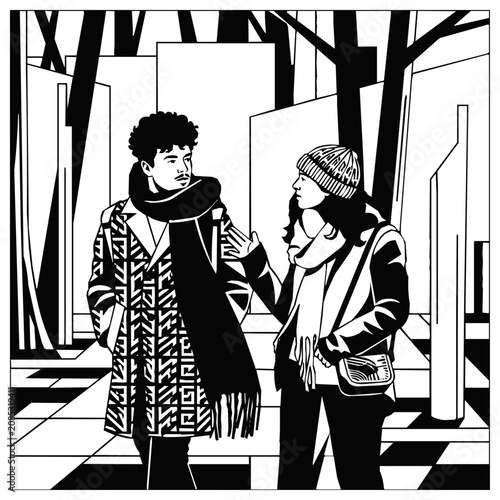 A fashionable young couple walking through an urban winter scene, captured in a bold black and white street style illustration.