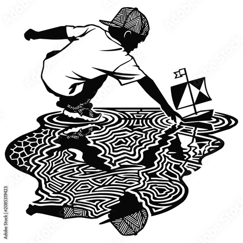 A Young Boy Playing with a Toy Boat in a Water Puddle with Reflection Illustrating Innocent Childhood Imagination