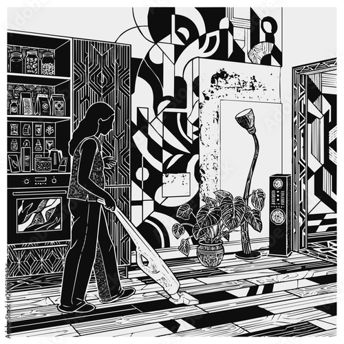 A modern woman vacuuming her kitchen floor in a stylized black and white linocut cleaning scene with intricate geometric patterns.