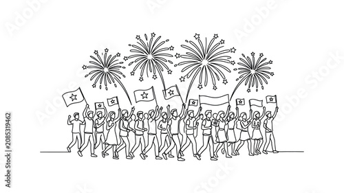 People celebrating with flags and fireworks.