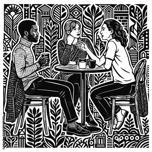 A modern linocut illustration of diverse friends at an outdoor cafe having a deep conversation in a stylized woodcut garden setting.