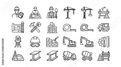 Canvastavla Construction and Engineering Line Icons Set, 25 Vector Outline Symbols for Build