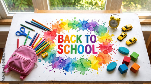 Back to school message on clean white desk with rainbow watercolor splashes toy cars blocks