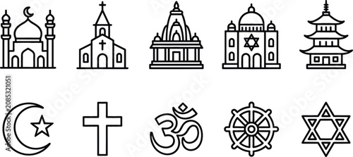 Photos World Religions Icon Set with Mosque, Church, Hindu Temple, Synagogue, Pagoda, C