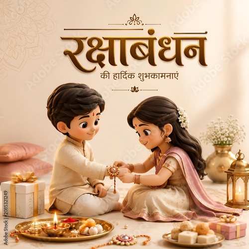 Raksha bandhan festival greeting with cartoon style brother and sister tying rakhi