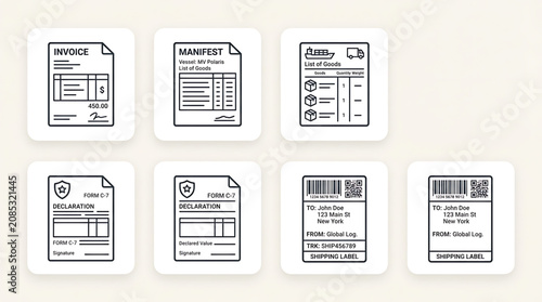Collection of document icons including invoices, manifests, declarations, and shipping labels