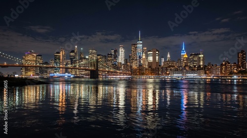 Illuminated city skyline across the river at night with glowing reflections