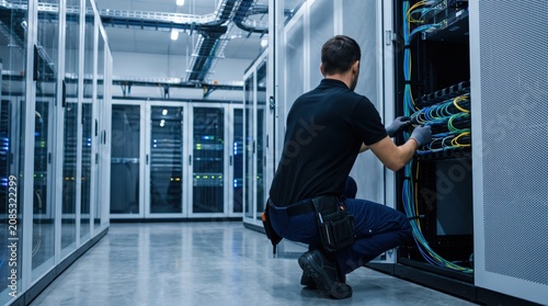 IT technician managing network cables in server room, data center maintenance and infrastructure support, professional system administrator working on hardware