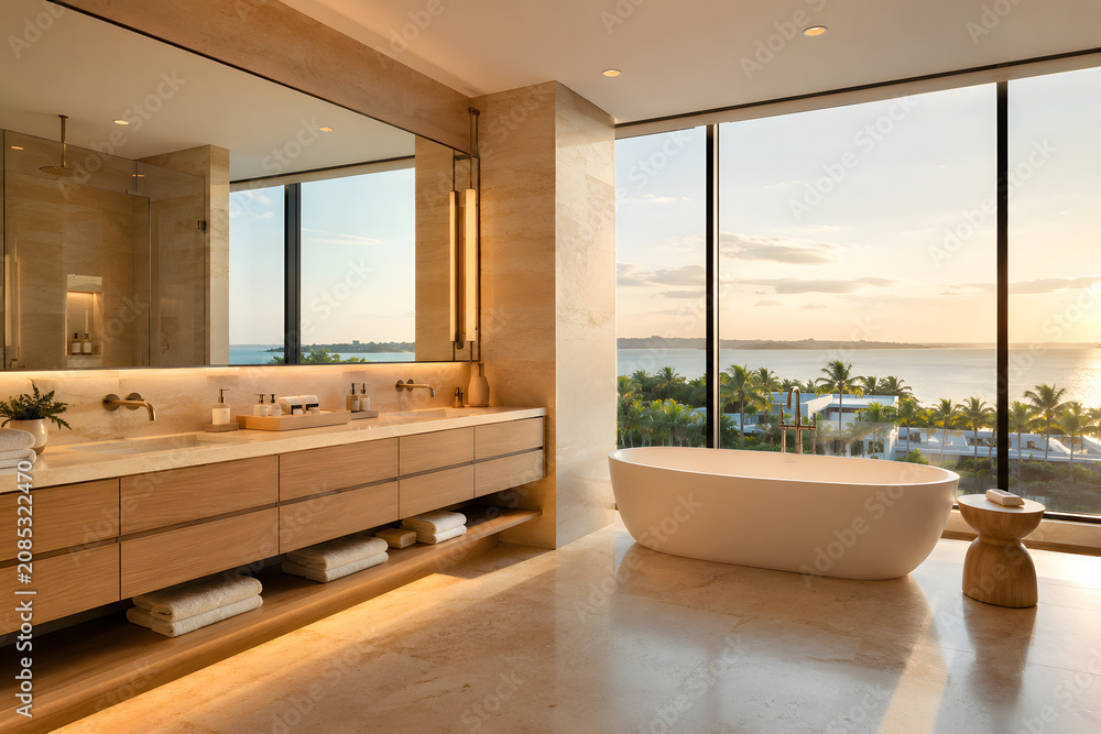 Fototapeta premium Luxury five-star hotel bathroom interior with travertine stone, floating vanity and freestanding bathtub
