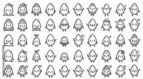 Cute Kawaii Easter Eggs Characters Set, Hand-drawn Doodle Style, Black and White