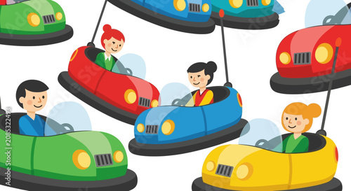 Happy People Driving Bumper Cars at Amusement Park Funfair