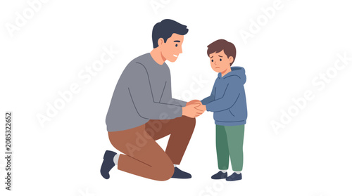 Father comforting worried son, holding hands, talking gently, understanding support