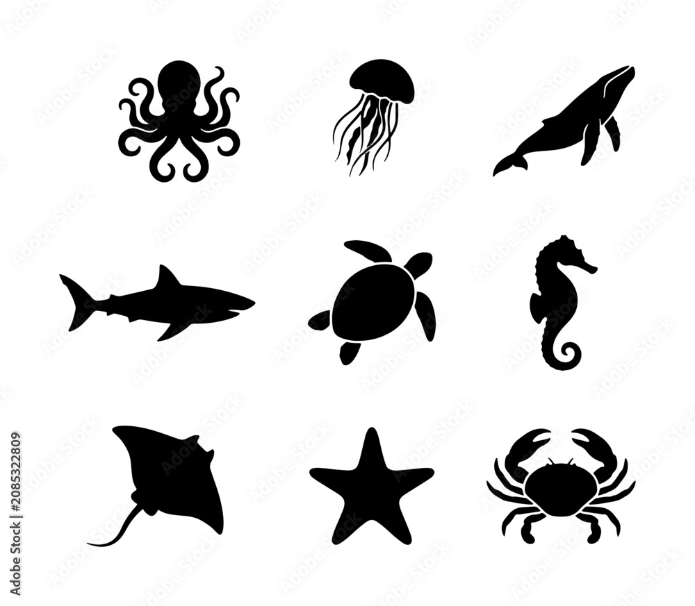 Fototapeta premium Ocean Wildlife Silhouettes: Octopus, Jellyfish, Whale, Shark, Turtle, Seahorse, Ray, Starfish, Crab Icons