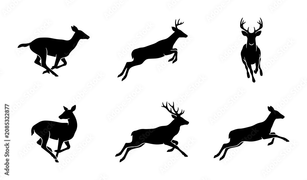 Fototapeta premium Deer Silhouettes Collection: Running, Jumping, Standing Wildlife Vector Icons