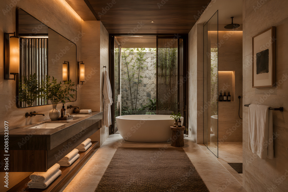 Fototapeta premium Luxury five-star hotel bathroom interior with travertine stone, floating vanity and freestanding bathtub