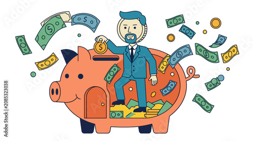 Businessman depositing coins into a piggy bank full of money, saving and investment concept